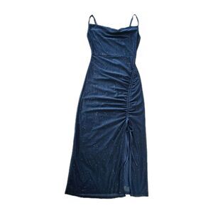 JILLUMI Blue Glitter Mesh Ruched Bodycon Maxi Dress XS Spaghetti Strap Party